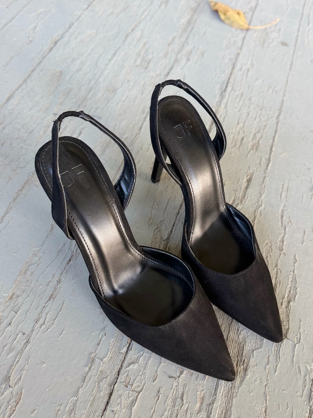 JF Black Suede Pointed Toe Slingback Heels Pumps Size 9